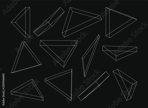 Set of 3d wireframe triangular prism shapes, geometric abstract elements for design, vector illustration of various perspective views of triangles
