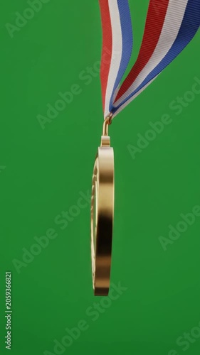 Golden Award Medal with Tricolor Ribbon Rotating Gently on Green Screen Background, Representing Victory, Achievement, and Recognition