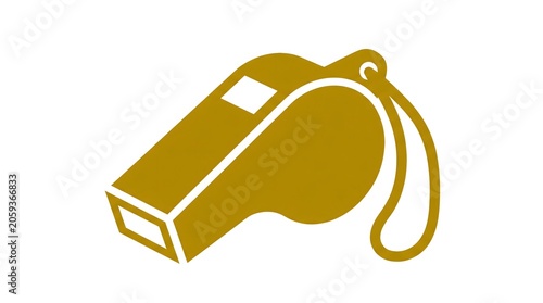 Gold colored whistle symbol for sports referee and athletic coaching equipment isolated on white background