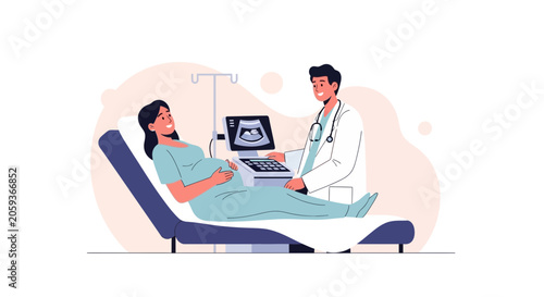 Pregnant Woman Undergoing Ultrasound Scan by Doctor, Medical Checkup and Pregnancy Care Illustration