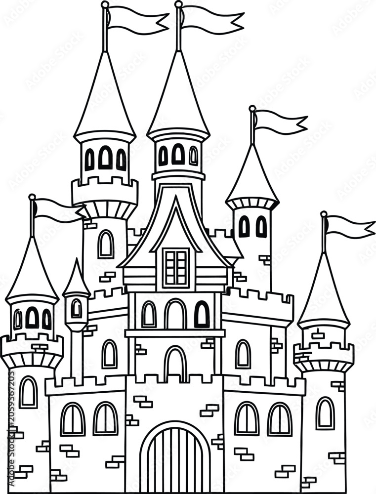 Fototapeta premium Castle coloring page for kids intricate fairytale design for creative art therapy and relaxation
