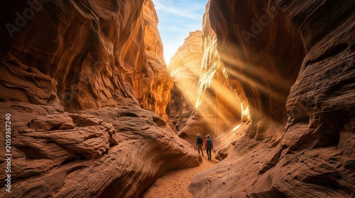 Two hikers walking through a narrow sandstone canyon with sunlight streaming through the top