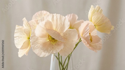 Delicate cream colored poppies with yellow centers in a clear glass vase on a soft gray background with natural light