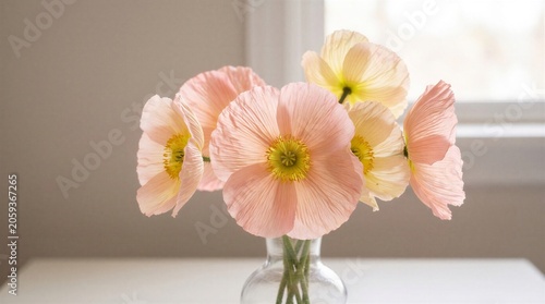 Delicate peach and cream colored poppies in a clear glass vase on a white table by a window with soft natural lighting and blurred background