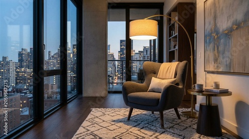 Modern living room with city view at dusk featuring a comfortable chair and stylish lamp on a patterned rug in a high-rise apartment with large windows