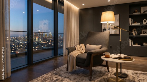 Cozy modern living room with city view at dusk featuring a comfortable chair and table by a large window with a warm lamp and city lights