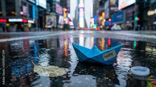 Blue paper boat with hope note floats on a city street puddle amidst urban landscape reflections and debris
