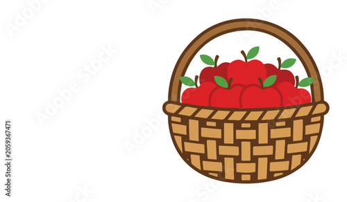 Vector illustration of a wicker basket filled with fresh red apples and green leaves on white background