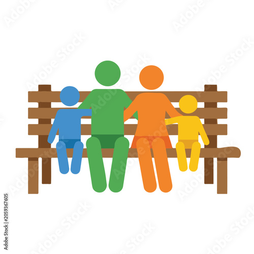 Colorful vector illustration of a family sitting together on a wooden bench, symbolizing unity and togetherness.