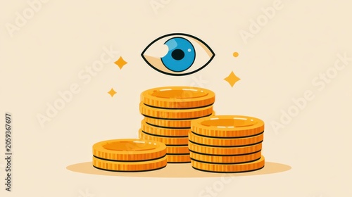 Stacks of gold coins with a blue eye hovering above, symbolizing financial vigilance or investment watchfulness.