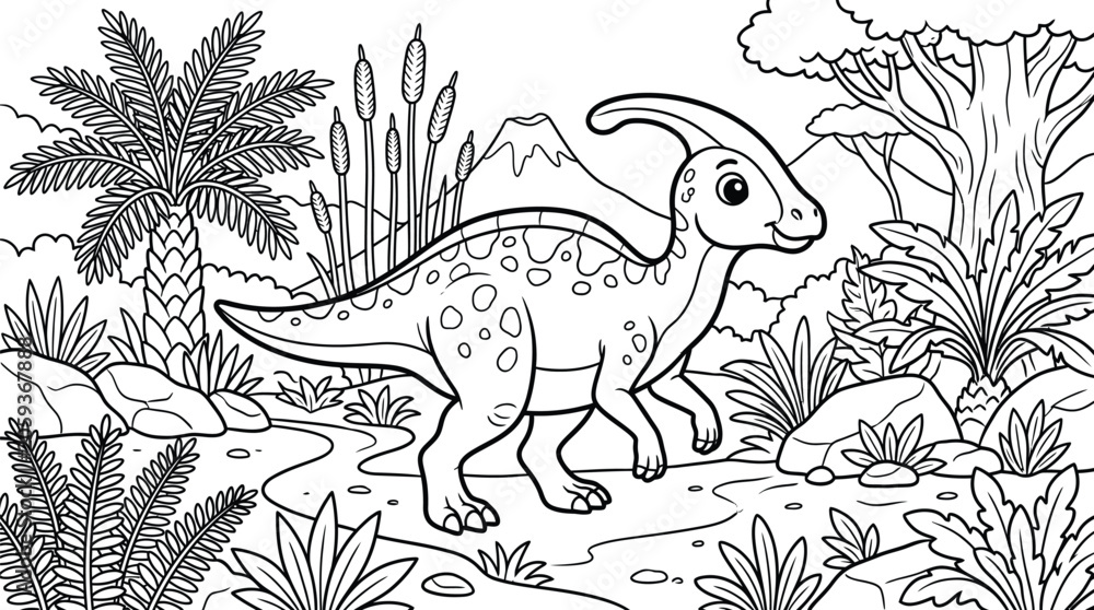 Fototapeta premium Dinosaur coloring page adorable parasaurolophus in prehistoric jungle scene for kids and adults
