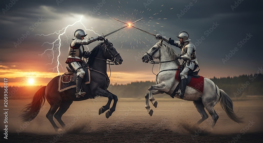 Fototapeta premium Two futuristic warriors engaged in intense combat duel.