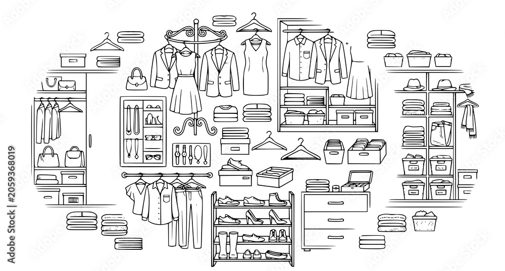 Obraz premium Closet Storage and Wardrobe Organization Line Art Vector Collection