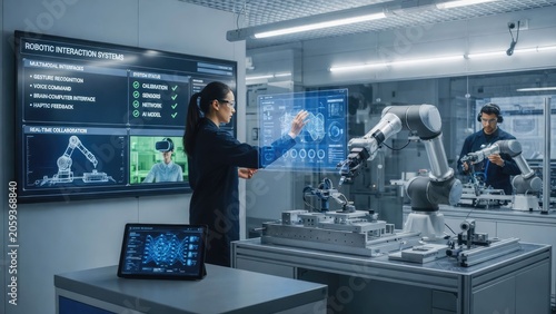 High-tech robotics interaction exploring digital interfaces in innovative laboratories