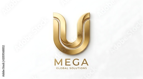 Mega Global Solutions logo with layered 3D golden letter U symbol and clean modern typography on white background, a premium corporate identity mark perfect for finance, consulting, technology, logist