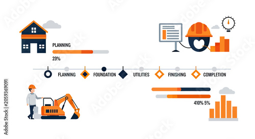 House Construction Process Infographic with Timeline Stages from Planning to Completion