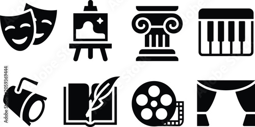 Collection Of Eight Black Icons Representing Arts And Entertainment vector untitled