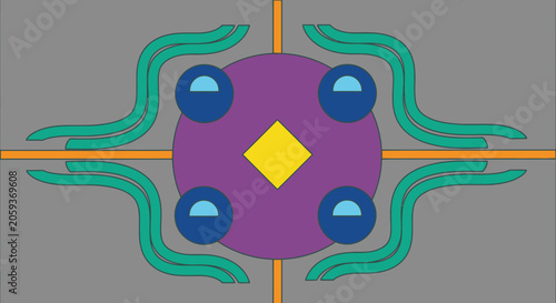 Abstract geometric pattern with colorful shapes and wavy lines.