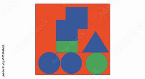 Abstract geometric shapes composition with circles squares and triangles.