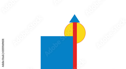 Abstract geometric shapes with upward pointing blue arrow.