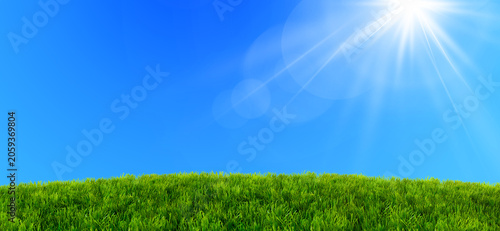 Fotografie Bright sunbeams over green grass field under clear blue sky perfect for peaceful