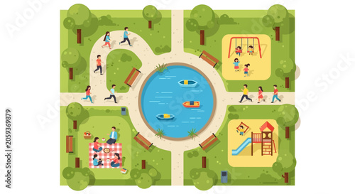 Aerial view of public park with pond and playground.