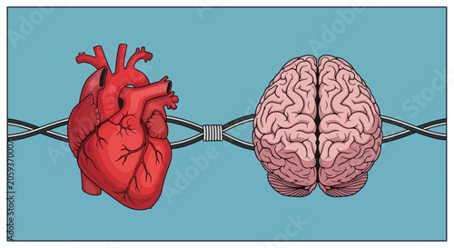 Anatomical heart and brain connected by metallic wires.