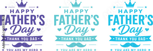 Father's day typography set navy teal and cyan designs with mustache and crown