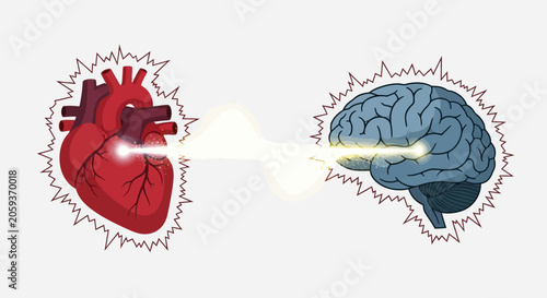 Anatomical heart and brain linked by electric energy fields glow.
