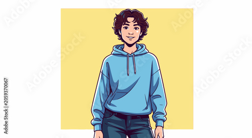 Anime character illustration of young man in blue hoodie.