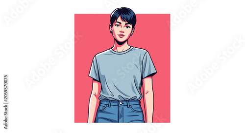 Anime style illustration of young woman in casual outfit.
