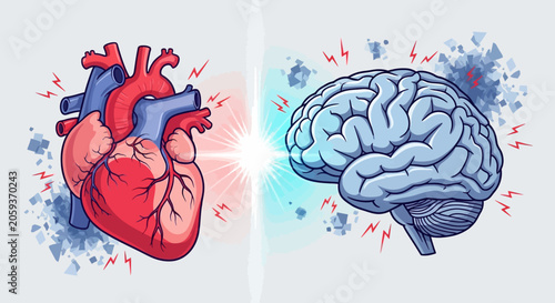 Artistic heart and brain connection with colorful energy splashes.
