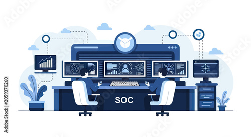 Cybersecurity specialists working in a modern Security Operations Center (SOC) monitoring network traffic, data analysis, and cyber threats on multiple screens.