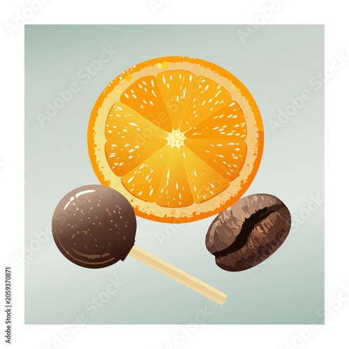 Orange slice with chocolate covered coffee beans and lollipop