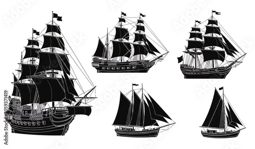 Картината върху платно Classic Maritime Sailing Ships Black Silhouette Set
