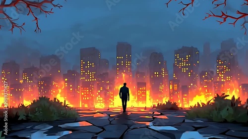Man watches burning cityscape at night.
