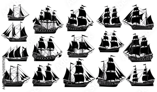 Fotografia Vintage Sailing Vessel Silhouette Vector Collection