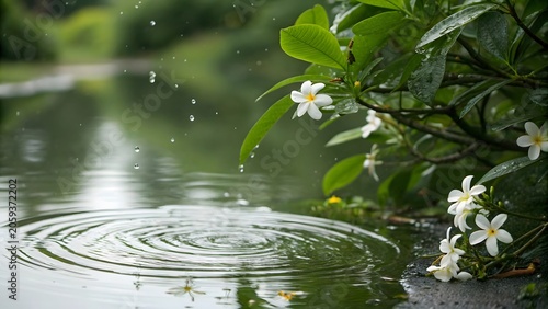 Artistic close up of rain droplets striking water creating smooth ripple effects with reflective and abstract natural texture