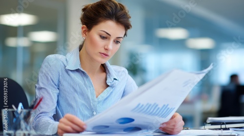 8.Businesswoman studying lengthy report at desk, office background, professional and analytical atmosphere, corporate lifestyle theme