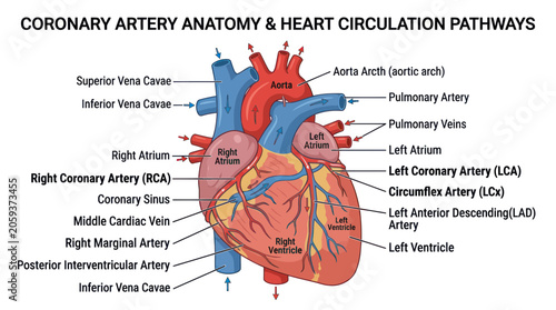 Photos Coronary artery anatomy and heart blood circulation diagram