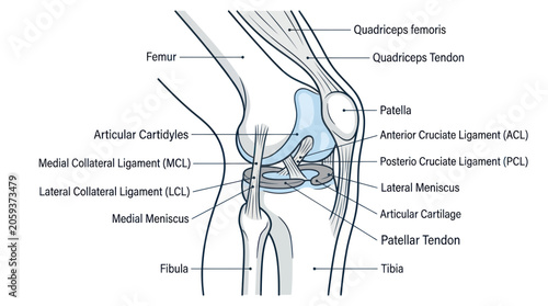 Tableau sur toile Human knee joint anatomy with labeled ligaments and bones