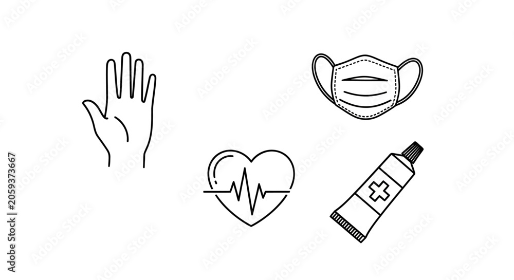 Fototapeta premium Set of medical icons including hand heart mask and ointment.
