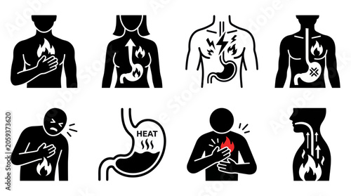 Obraz na plátně Heartburn and acid reflux symptoms icons showing stomach discomfort