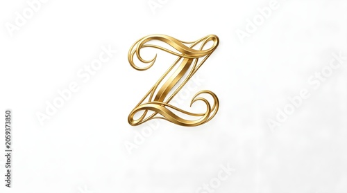 Elegant ornamental golden Z monogram with calligraphic curves and metallic shine on white background, sophisticated initial logo ideal for boutique brands, fashion labels, jewelry, personal stationery