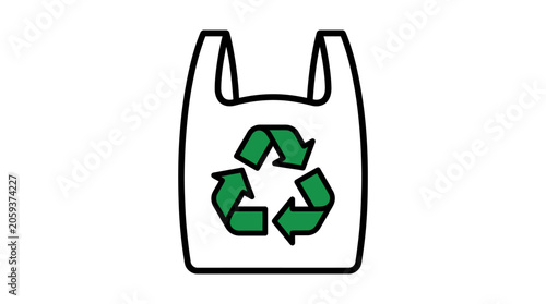 White plastic bag with green recycling symbol icon illustration.