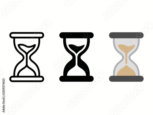 Set of three hourglass icons: outline, filled, realistic sand timer illustrations