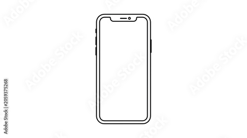 Minimalist smartphone line art illustration, modern mobile phone wireframe with blank screen, digital device outline for app UI design isolated on Transparent Background