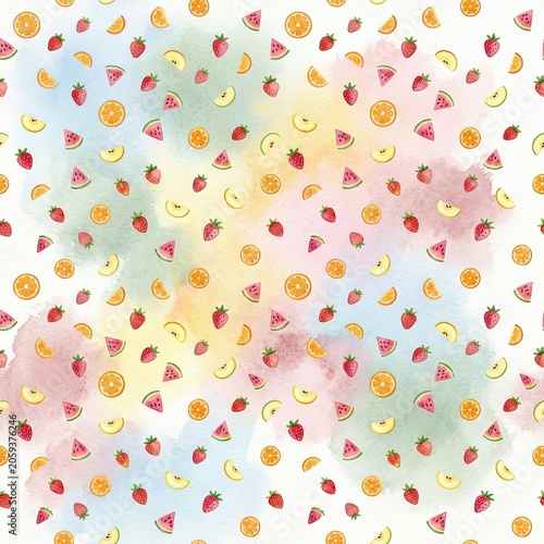 A vibrant and colorful watercolor pattern featuring an assortment of fresh fruits like strawberries, oranges, and watermelon slices, set against a soft, blended pastel background.