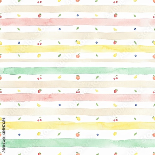 Watercolor fruit pattern with stripes, featuring berries, cherries, and lemon slices in a charming and whimsical design, perfect for crafting and decoration.