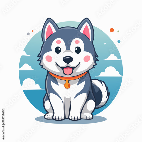 Cute Cartoon Husky Dog Sitting with Tongue Out